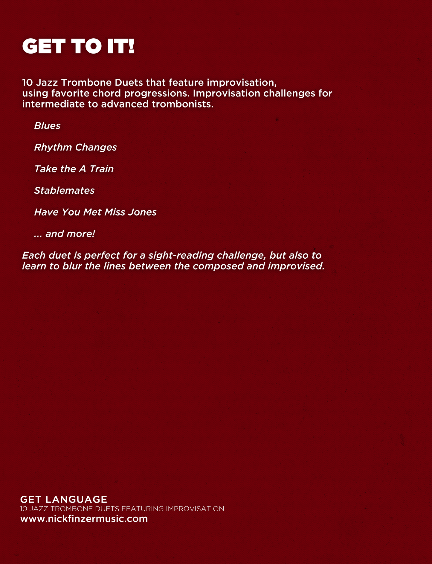 GET TO IT: 10 Trombone Duets Featuring Improvisation (PDF Copy)